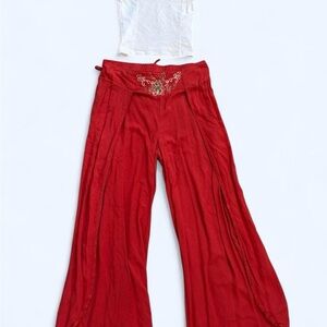 Red Embroidered Wide-Leg Palazzo Pants